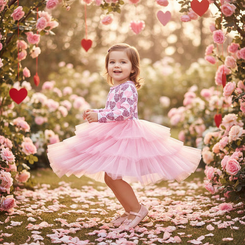 Toddler Girls Outfits Long Sleeve Graphic Heart Print Mesh Tulle Valentine Birthday Party Dress