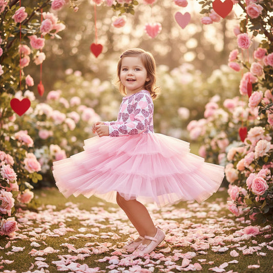 Toddler Girls Outfits Long Sleeve Graphic Heart Print Mesh Tulle Valentine Birthday Party Dress