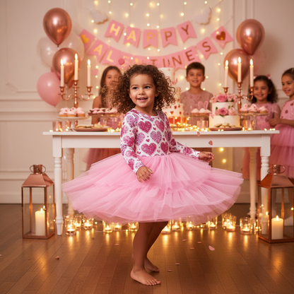 Toddler Girls Outfits Long Sleeve Graphic Heart Print Mesh Tulle Valentine Birthday Party Dress