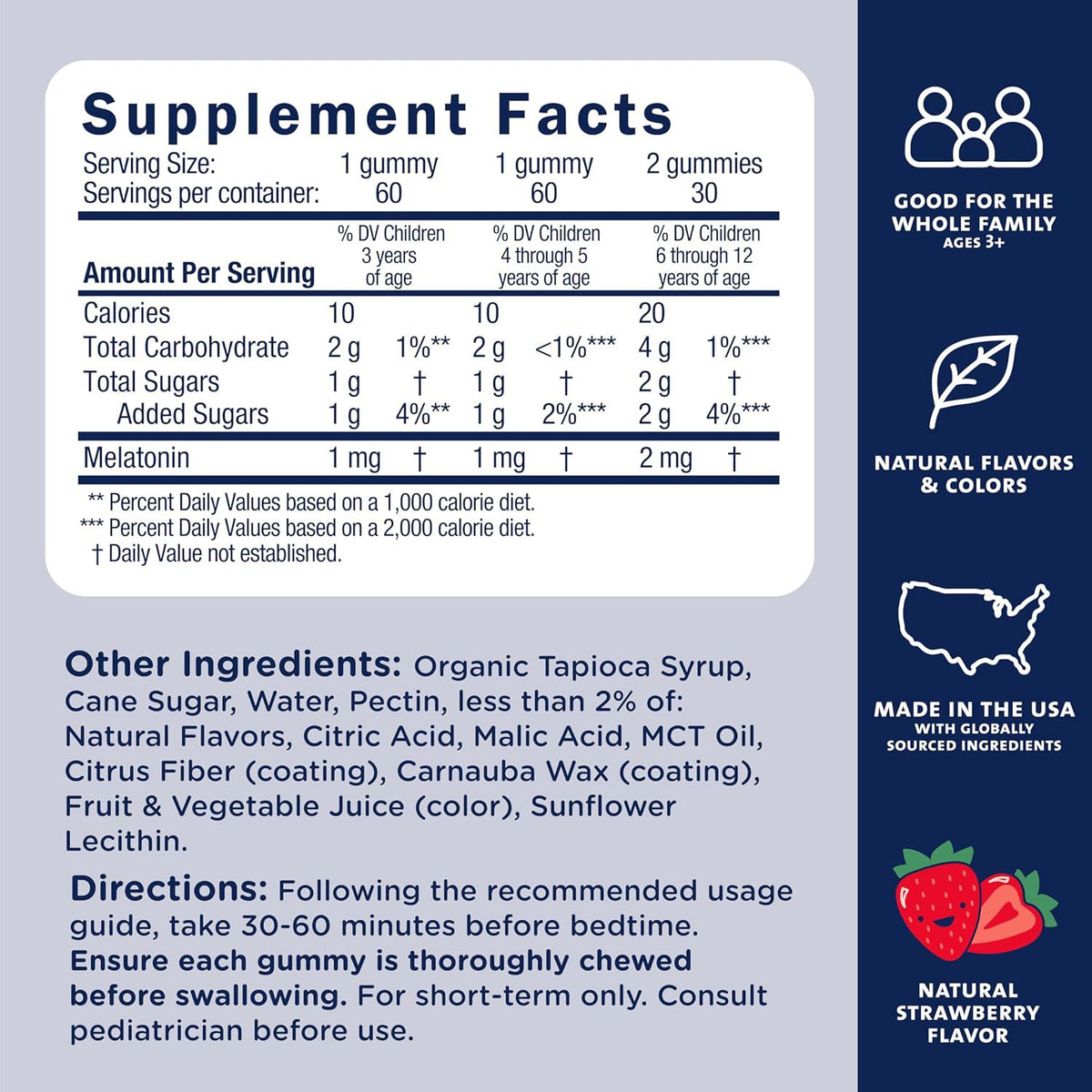 Supplement Facts label for kids melatonin gummies, serving sizes and nutrients