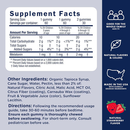 Supplement Facts label for kids melatonin gummies, serving sizes and nutrients