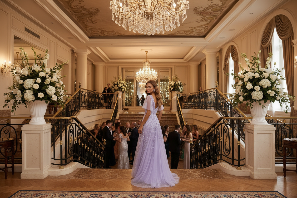 Women's long evening dress, lavender V-neck with lace bodice and tulle skirt