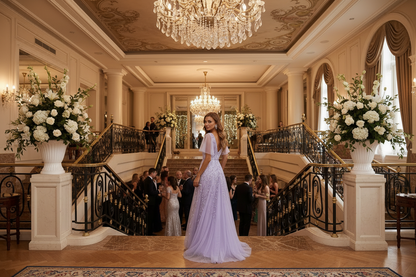 Women's long evening dress, lavender V-neck with lace bodice and tulle skirt