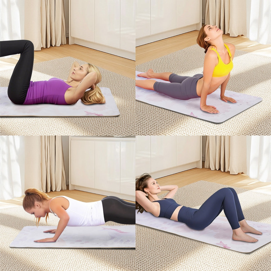 Pink floral print yoga mat on floor, used for multiple stretching poses