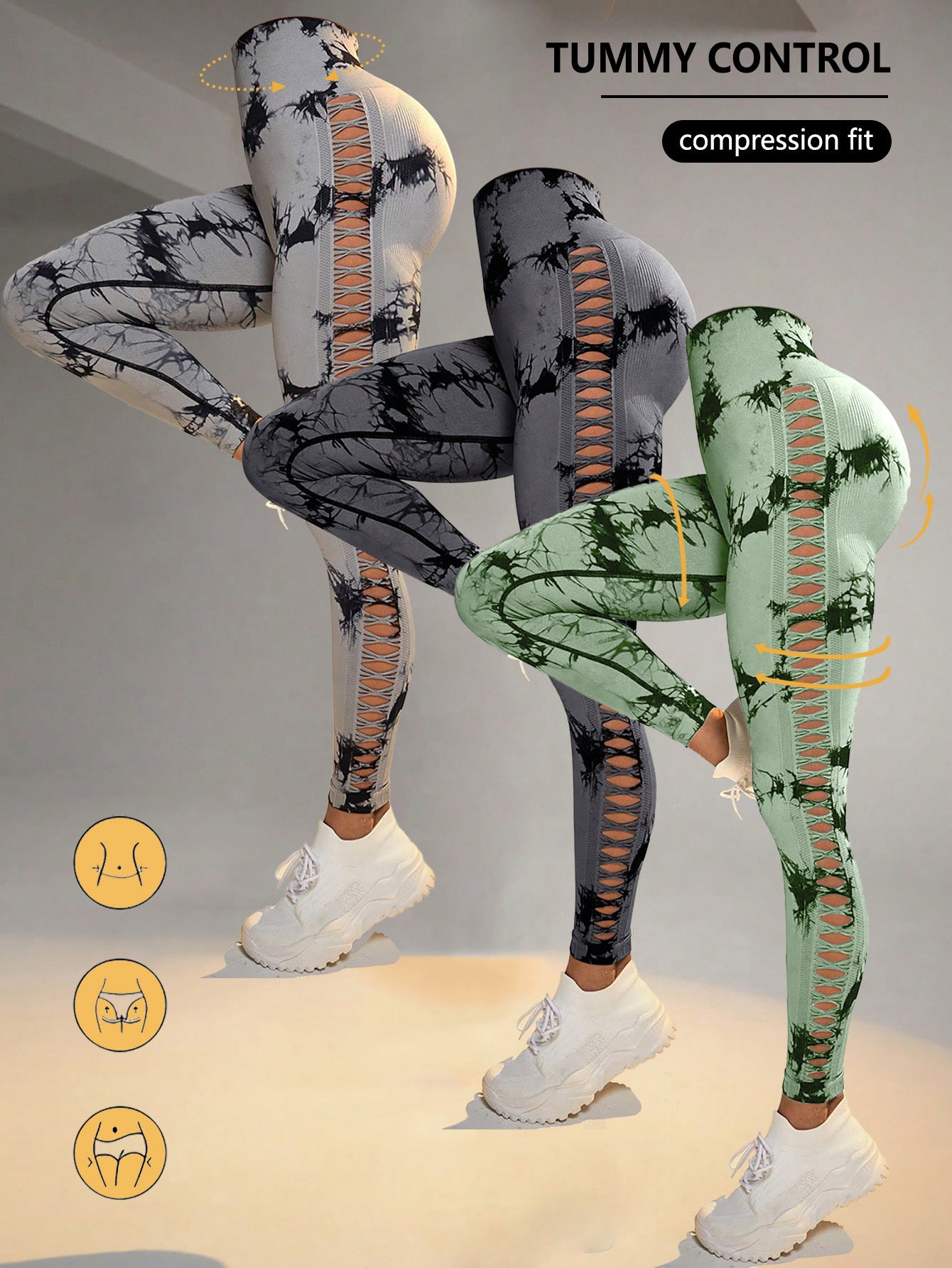 3 Pack Women's Cutout Tie-Dye, High Waisted Seamless Workout Leggings Gym Booty Tights Tummy Control Yoga Pants