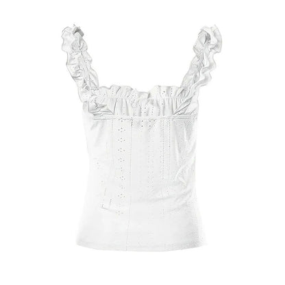 Women's Cute Sleeveless Tank Tops Frill Trim Strap Tie Knot Square Neck Eyelet Blouse