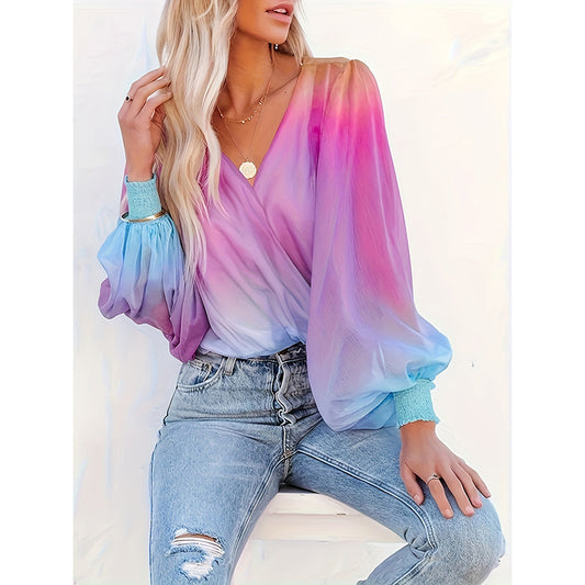 Womens V Neck Gradient Color Long Sleeve Tops 2025 Summer Casual Loose Puff Sleeve Chiffon Shirts