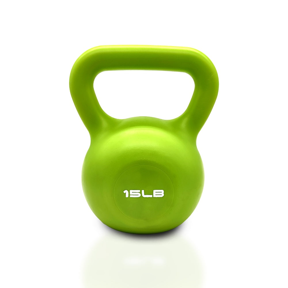 Green 15 lb vinyl-coated kettlebell with wide handle and smooth grip