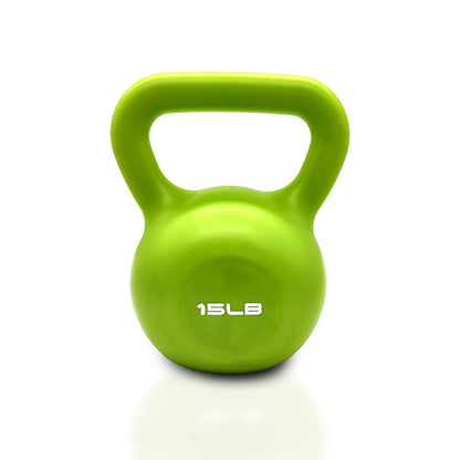 Green 15 lb vinyl-coated kettlebell with wide handle and smooth grip