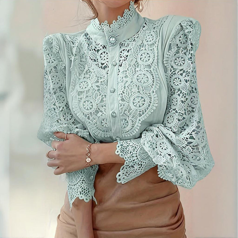 Elegant Women's Vintage Pearl Button Lace Blouse - Puff Sleeve Semi-Sheer Ruffled Stand Collar Shirt