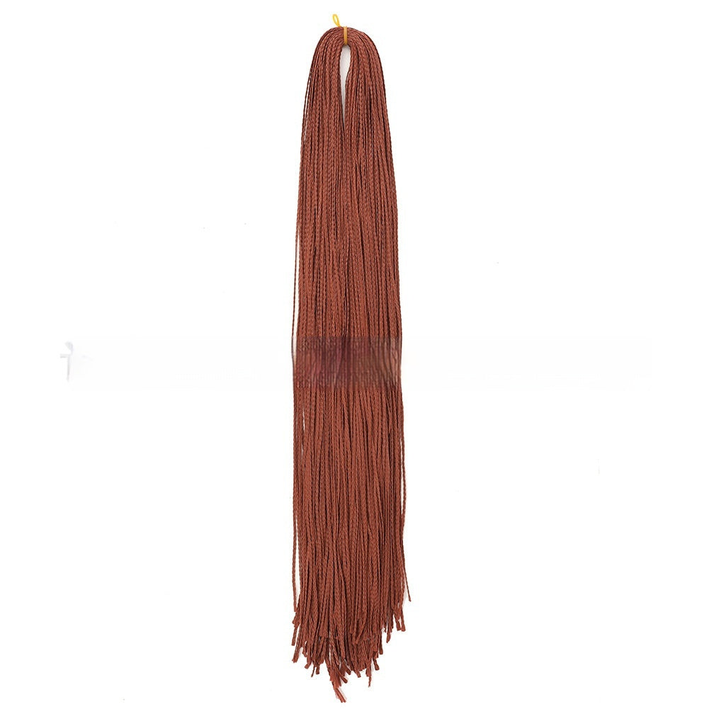 Reddish-brown braided crochet hair extensions bundle with long straight strands and fringed ends.