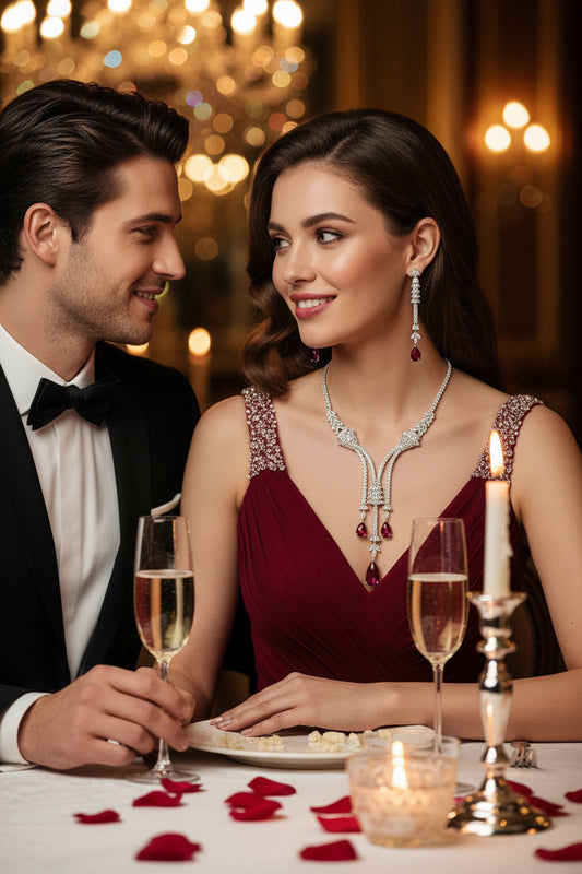 Rhinestone necklace and matching drop earrings set with red and clear stones