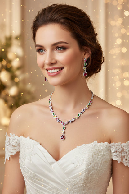 Zircon necklace and drop earrings set, silver-toned with multicolor gemstone drops