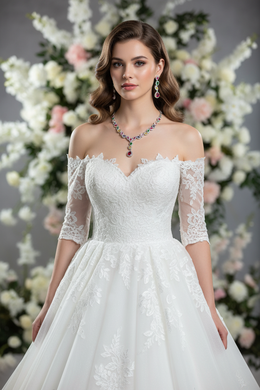 White lace off-shoulder wedding dress with zircon necklace and long drop earrings