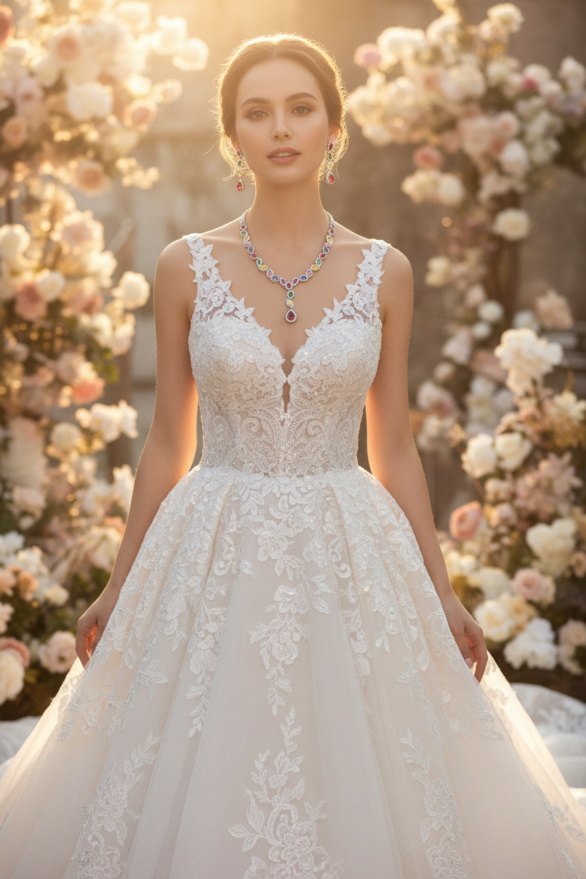 White lace sleeveless wedding dress with V neckline, zircon necklace and drop earrings