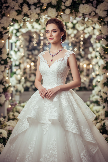 White lace wedding dress with layered skirt, zircon necklace and drop earrings