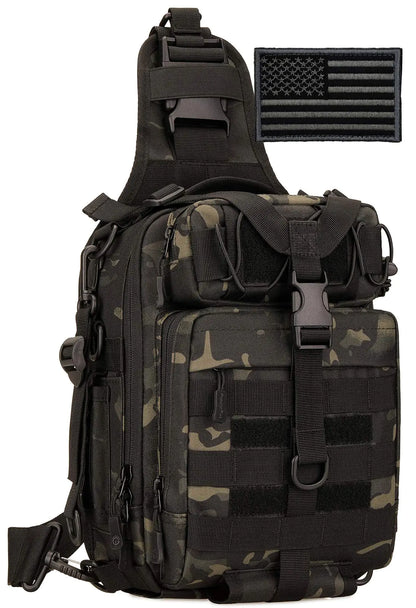 Protector Plus Tactical Sling Bag Military MOLLE Crossbody Pack Chest Shoulder Backpack EDC Diaper Satchel Motorcycle Bicycle Daypack (Patch Included) Black Camo
