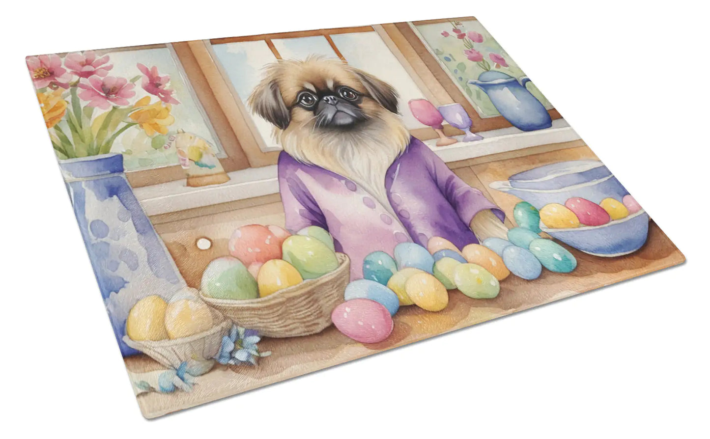 Decorating Easter Pekingese Glass Cutting Board