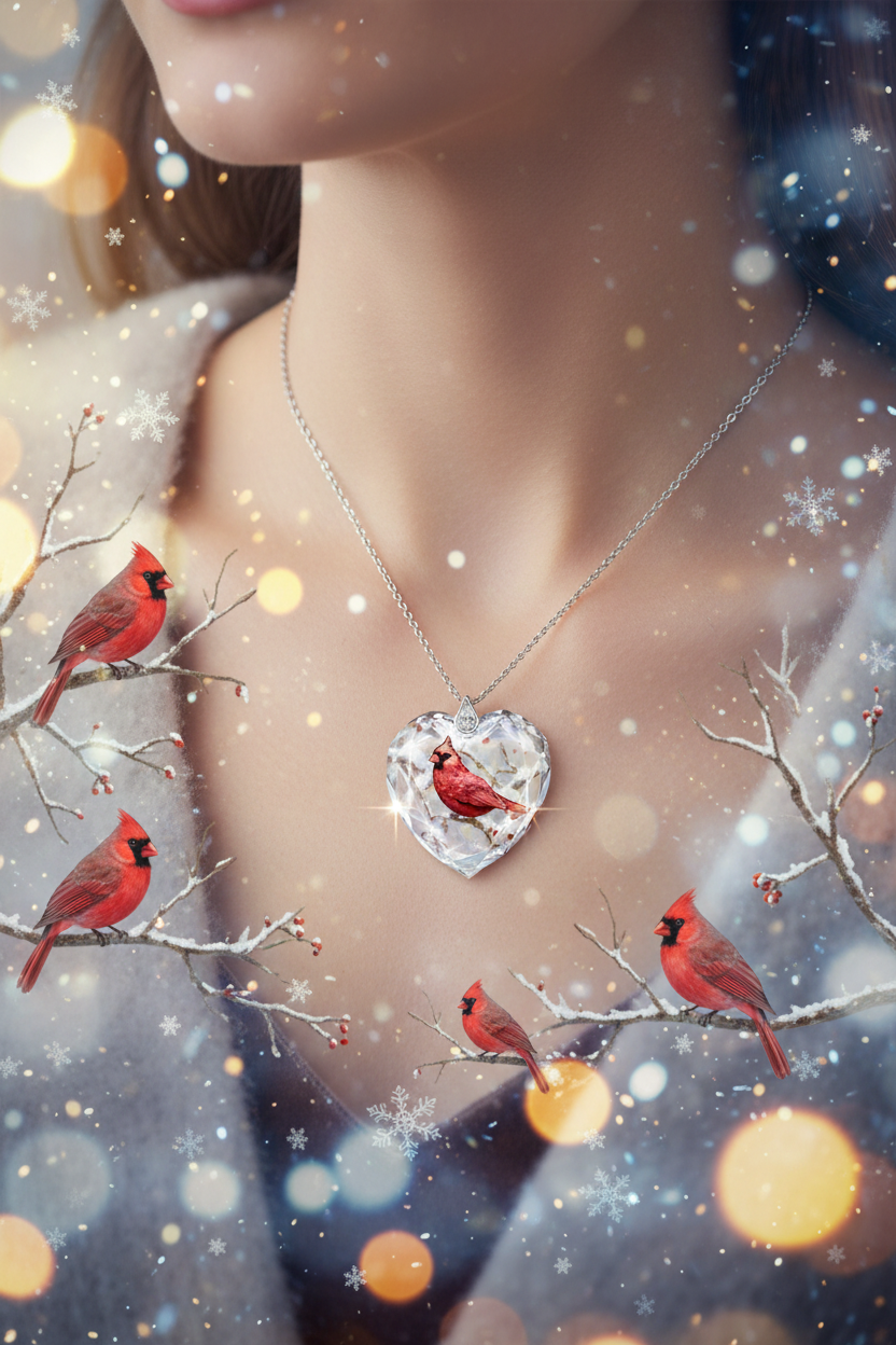 Crystal heart pendant necklace with red bird inside, silver-tone chain