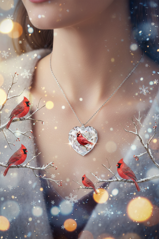 Crystal heart pendant necklace with red bird inside, silver-tone chain