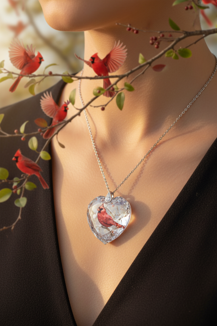 Bird pendant necklace with silver chain and clear heart crystal featuring red cardinal