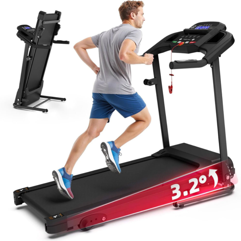 Foldable compact treadmill with digital display and black running belt, shown in use