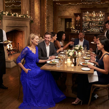 Royal blue long evening gown with lace-like overlay, V-neck and fitted silhouette