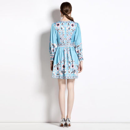 New Retro Positioning Flower V-neck Long Sleeve Waist Slimming And Short Dress