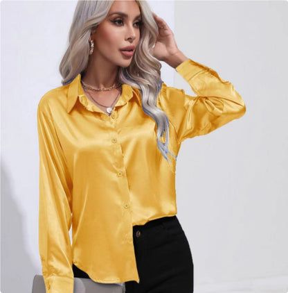 Yellow satin button-up shirt with long sleeves and pointed collar