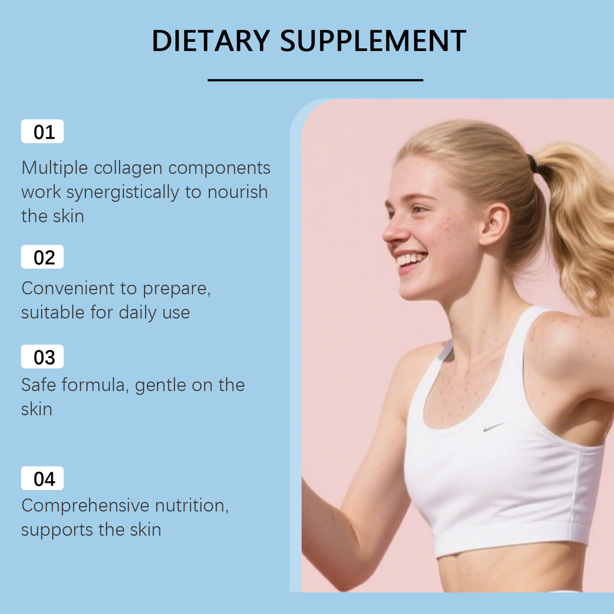 Collagen peptide powder dietary supplement concept with smiling woman in white sports bra