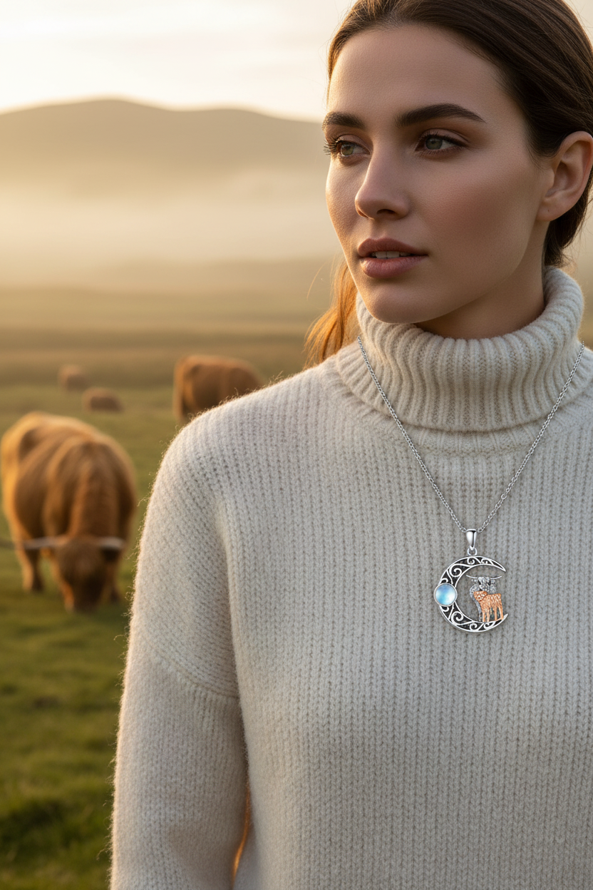 Sterling silver moonstone necklace with round blue gem and engraved cow-in-moon pendant