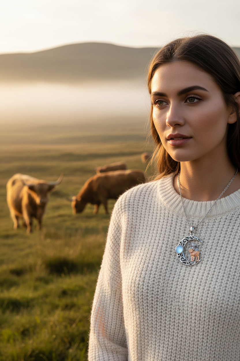 925 sterling silver moonstone cow-and-moon pendant necklace, pendant centered