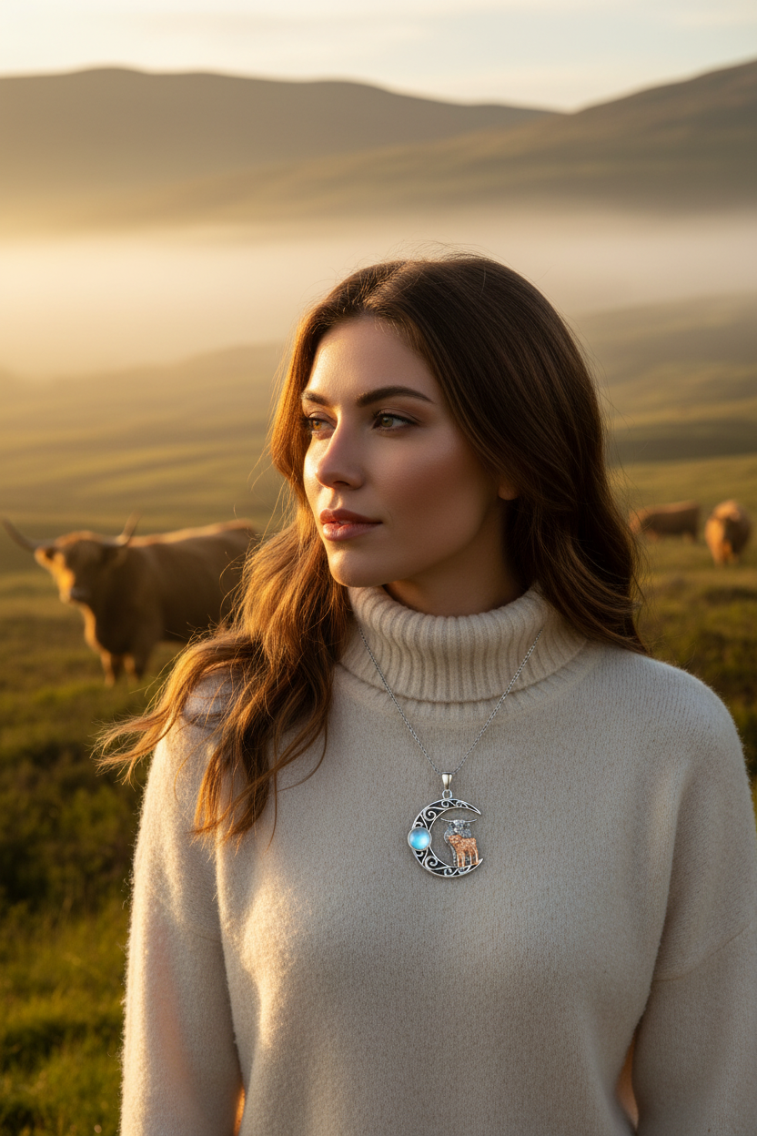925 sterling silver moonstone cow-and-moon pendant necklace on knit sweater