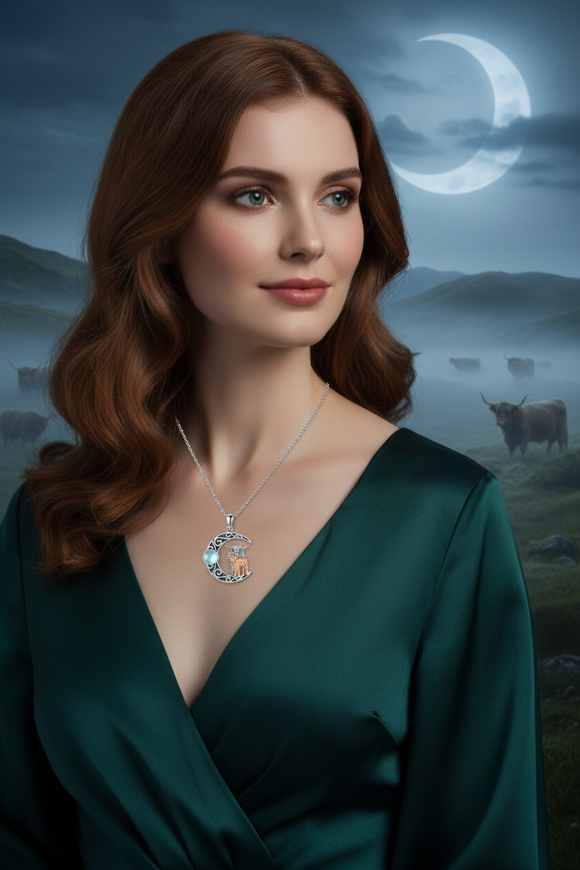 Sterling silver moon necklace with blue moonstone and cow charm pendant