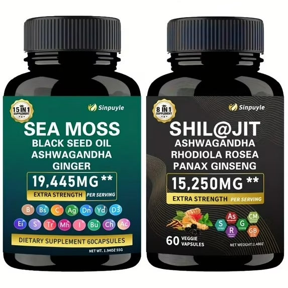 Supplement bundle bottles: sea moss with black seed oil, ashwagandha, ginger