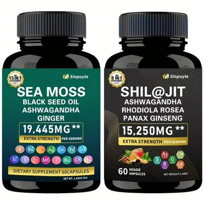 Supplement bundle bottles: sea moss with black seed oil, ashwagandha, ginger