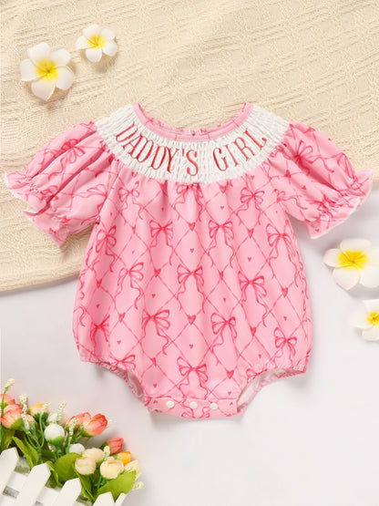 Baby Girl's Bowknot Graphic Print Romper, Daddy's Girl Letter Print Triangle Jumpsuit With Bubble Sleeves