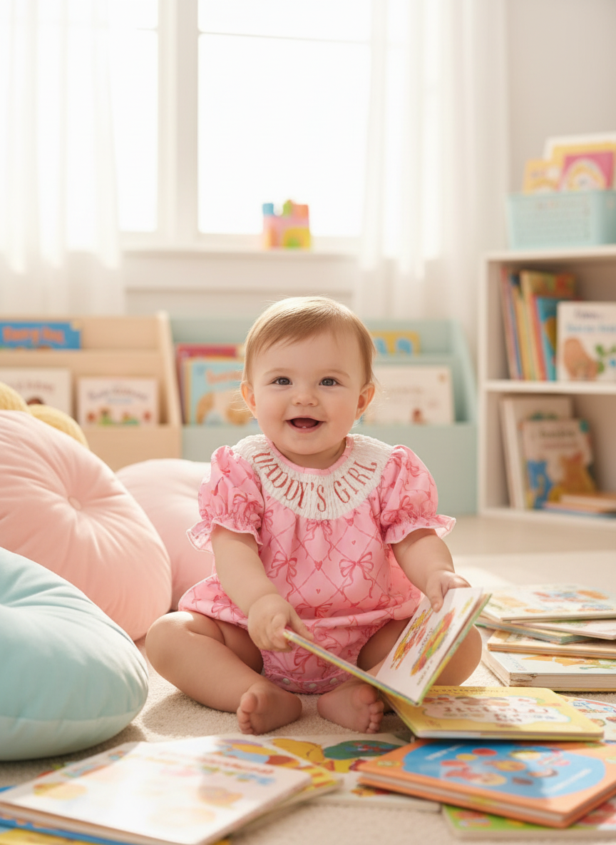 Baby Girl's Bowknot Graphic Print Romper, Daddy's Girl Letter Print Triangle Jumpsuit With Bubble Sleeves