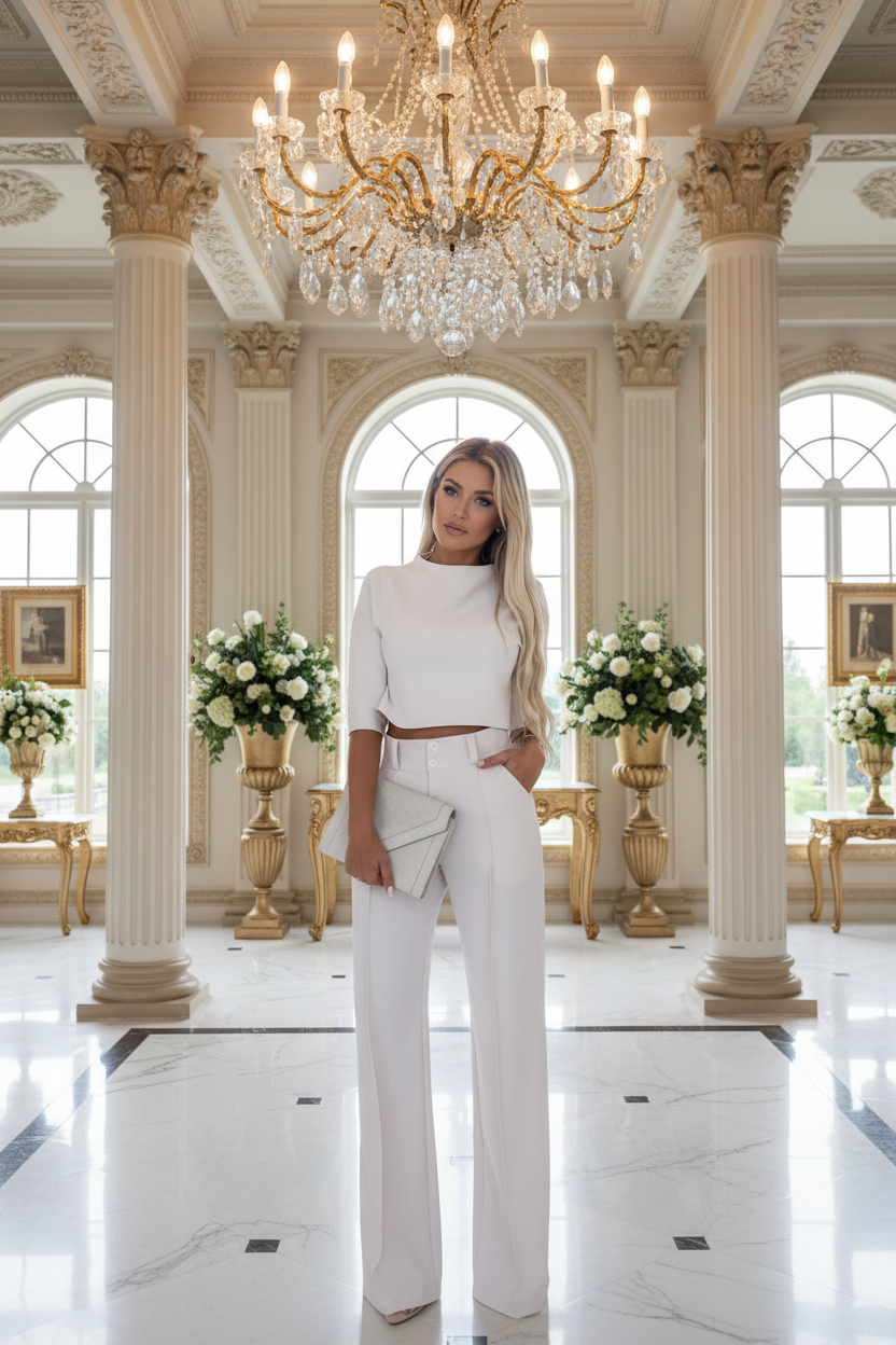 White women’s two-piece half-sleeve top and straight-leg pants set with side pockets
