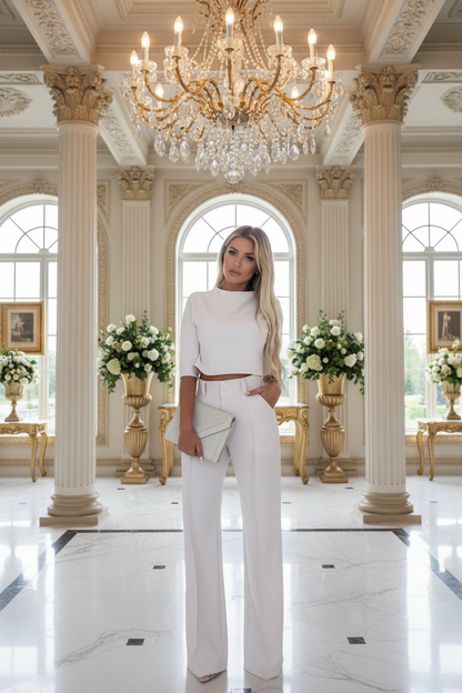 White women’s two-piece half-sleeve top and straight-leg pants set with side pockets
