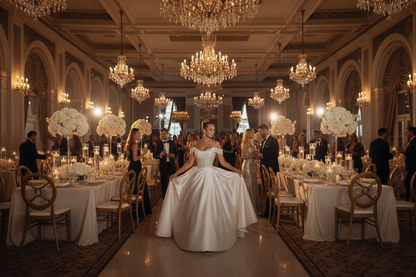 White off-shoulder A-line wedding dress with voluminous skirt and fitted corset-style bodice