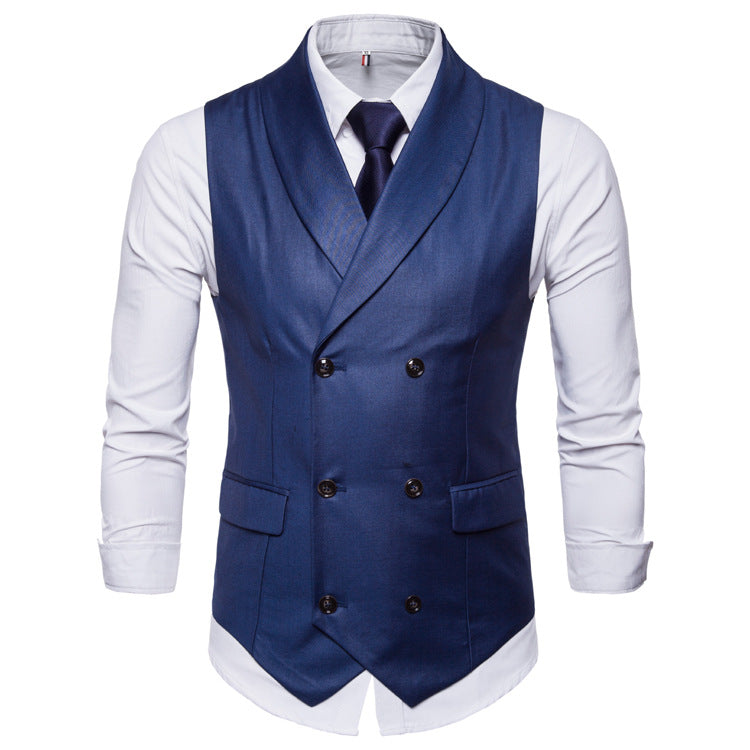 Men's double-breasted slim fit vest, blue with notched lapels and dark front buttons