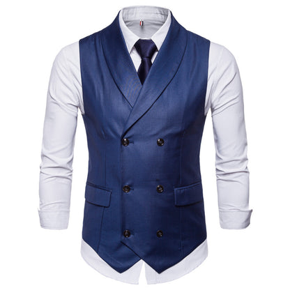 Men's double-breasted slim fit vest, blue with notched lapels and dark front buttons