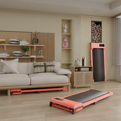 Red portable treadmill placed in a living room with black running belt