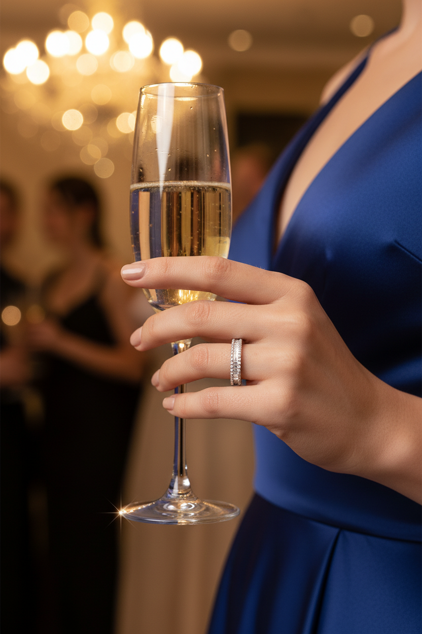 Silver moissanite ring with pavé stones, shown on a hand holding a champagne flute.