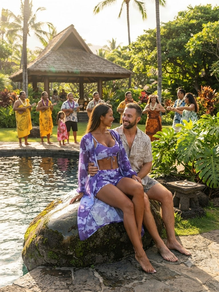 Purple patterned two-piece swimsuit on a woman sitting poolside