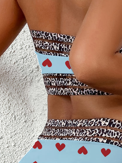 Women's Bra Love Print Bikini Bikini Two-piece Sexy Swimsuit Leopard Print Elastic Belt Holiday Style
