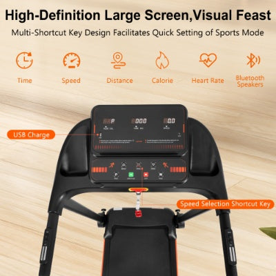 Black treadmill control panel with LED display and speed selection controls.