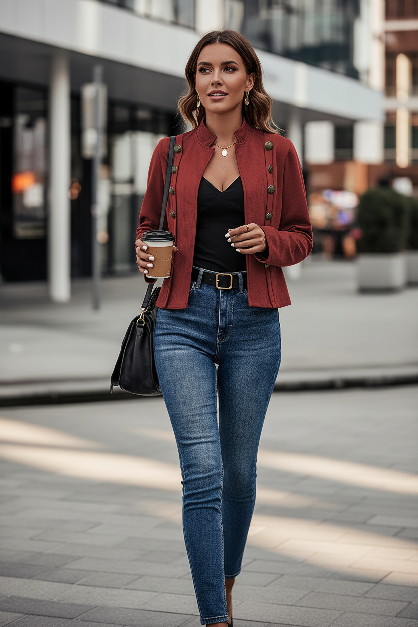 Red faux suede blazer with notch lapels, gold buttons, and open front