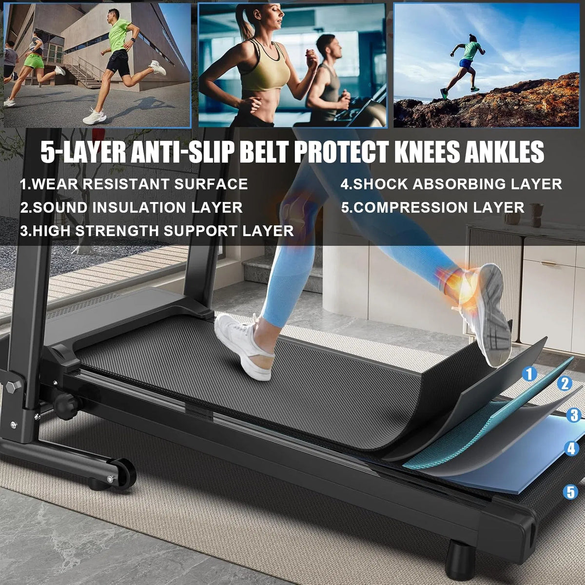 Folding treadmill deck with anti-slip belt layers and shock-absorbing design, black
